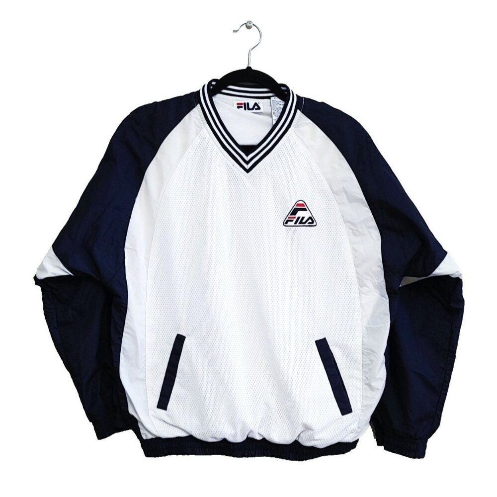 FILA Vintage Windbreaker Men XL White Mesh V-Neck Pullover Athletic Track Jacket